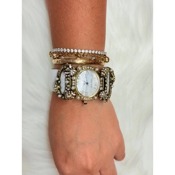 Heidi Daus White Leather Band Pearl/Crystals Watch - Picture 10 of 10